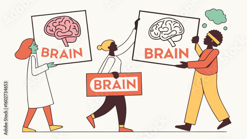 Brain Awareness Illustration with Diverse People isolated on Transparent Background