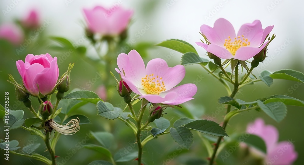 Obraz premium Pink Blossoms with Serrated Leaves – Floral Detail and Garden Serenity