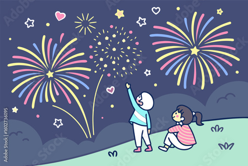 Joyful children marvel at a vibrant nighttime fireworks display celebrating a special occasion with wonder and excitement under a starry sky