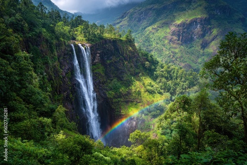 Majestic waterfall cascading down a lush mountainside, rainbow arched across
