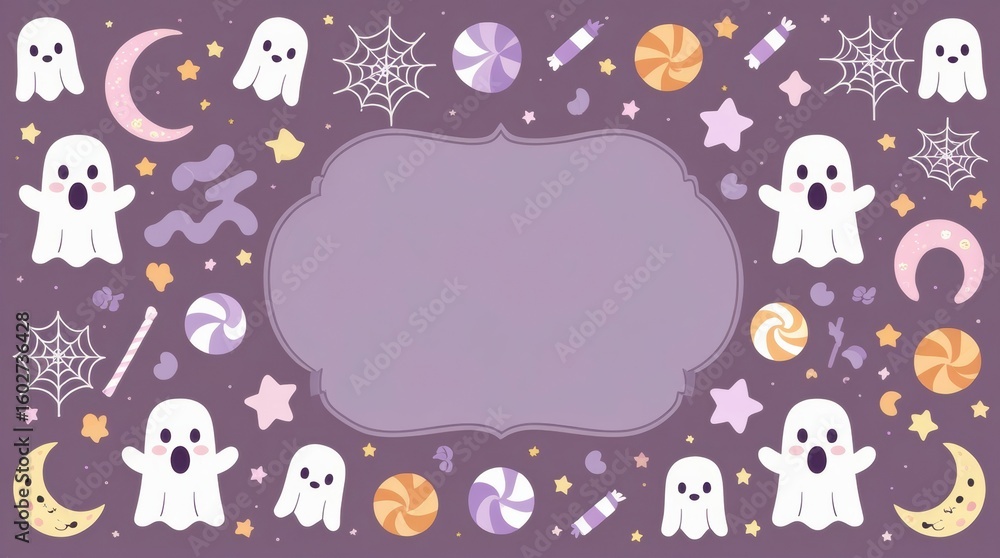 Fototapeta premium Spooky Celebration Elements: A vibrant, illustrative design is bursting with Halloween-themed elements such as ghosts, candy, stars, and webs, with an empty text box suitable for seasonal greetings.