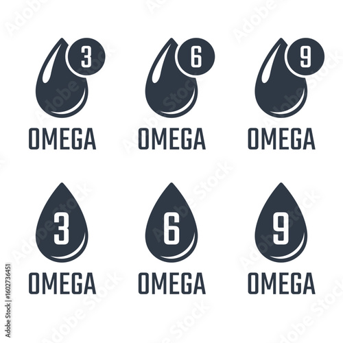omega 3, 6, 9 icon set, omega fatty acid diet supplement