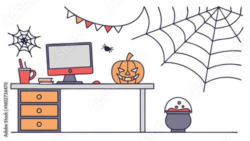 A whimsical halloween office scene featuring a computer jack o lantern spider web and bubbling cauldron creating a festive and spooky atmosphere