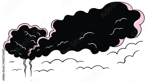 A stylized illustration depicts thick black smoke billowing upwards from a stylized tree or plant representing pollution or environmental damage against a backdrop of simple cloud shapes