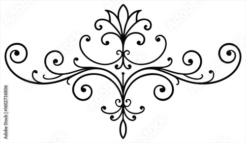 Elegant black ornamental flourish with symmetrical scrolling lines and floral motifs on a white background perfect for decorative design elements and vintage aesthetics