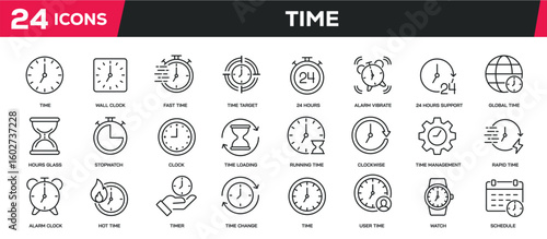 Set of collection line icons related time, clock, watch. Editable stroke. Perfect pixel on transparent background