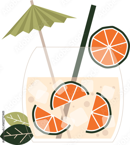 Vector illustration of a tropical orange cocktail served with ice cubes, orange slices, a green straw and a decorative umbrella. Fresh and summery flat design.  For drink menus, summer parties, bar