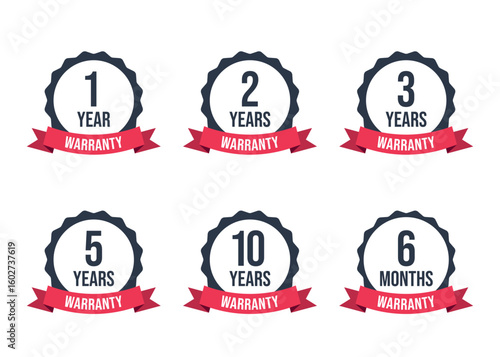 1, 2, 3, 5, 10 years warranty icon set, 6 months warranty label