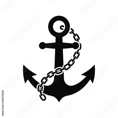 Heavy ship anchor with chain, nautical marine symbol, maritime safety equipment icon