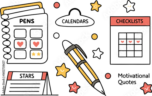 A charming collection of hand drawn stationery items including a pen calendars checklists and a notebook with stars and hearts for organization and motivation