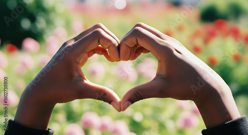 Hands forming a heart, symbolizing peace, unity, and hope for a better future, set against a vibrant floral background.
