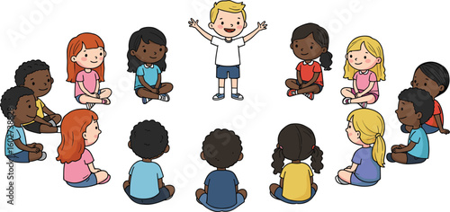 Diverse group of children sitting in circle, one child standing and speaking, cartoon illustration of school activity, teamwork, classroom learning
