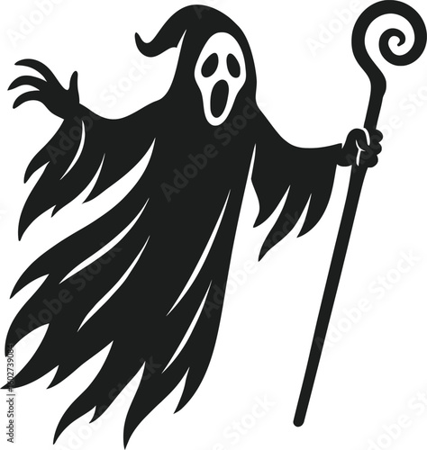 Ghost wizard illustration, spooky Halloween spirit with staff, haunted phantom in robe, black silhouette vector isolated on white background.
