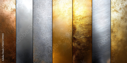 Scratched chrome, gold, and silver metal textures with shiny brushed surfaces and grunge backgrounds, ideal for banners, labels, web buttons, or industrial design elements