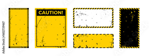 Yellow caution sign boards in grunge style with black lines. Realistic warning signboard, attention banner template, road shield. Vector illustration with grain, old texture, stain and scratch.