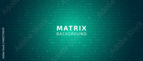 Green matrix background. Abstract binary background for hackathon and other digital events. Fallen zero numbers with matrix effect on futuristic bg. Vector wallpaper template.