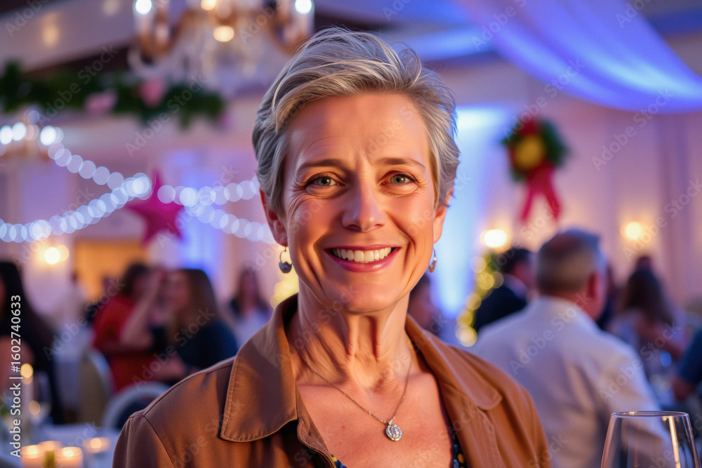 Obraz premium Smiling Woman at a Festive Holiday Gathering
