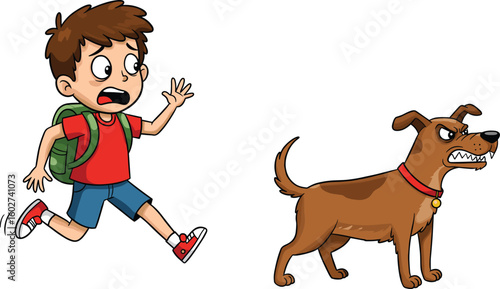 Scared schoolboy running from angry dog, cartoon style illustration showing fear, danger, animal threat, childhood panic, schoolbag and pet encounter