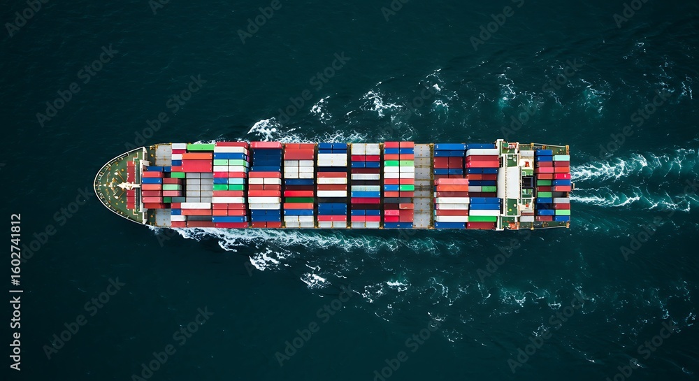 Fototapeta premium Cargo Ship Sailing with Colorful Containers on Blue Ocean Water