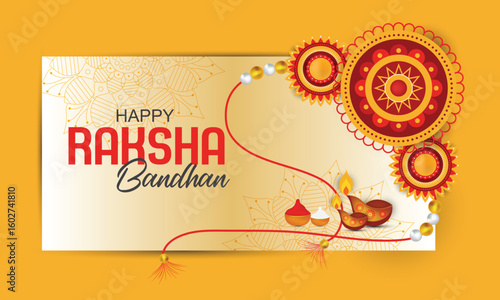 Happy Raksha Bandhan ceremony banner design with decorative Rakhi