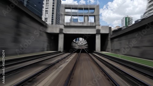 TL, WS, POV Forward view from a train travelling through a tunnel at high speed / Sao Paulo, Brazil