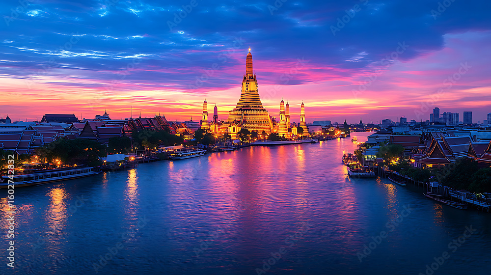 Wat Arun bathed in sunset light, Bangkok’s riverside temple glowing in golden hues, reflecting serene beauty and traditional Thai architectural grandeur Wat Arun bathed in sunset light, Bangkok’s riverside temple glowing in golden hues, reflecting serene beauty and traditional Thai architectural grandeur