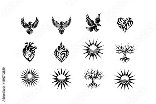 Black tribal eagles hearts suns and trees phoenix bird