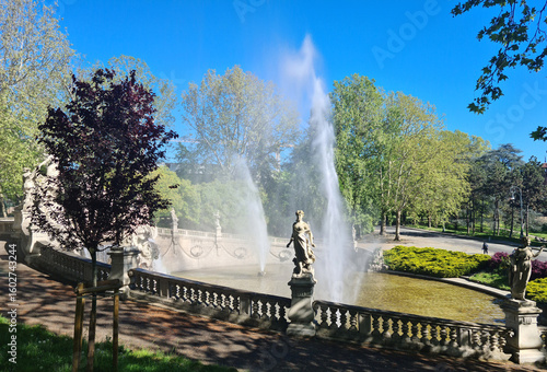 Turin's Valentino Park is famous for its castles, views of the Po river, medieval village, spectacular Fountain of the Twelve Months with statues, and its sunsets.

