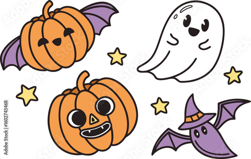 Adorable halloween characters including a ghost two pumpkins with bat wings and a bat wearing a witch hat surrounded by stars