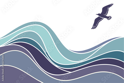 A solitary silhouette of a seagull soars gracefully above stylized undulating waves in a calming palette of blues and purples