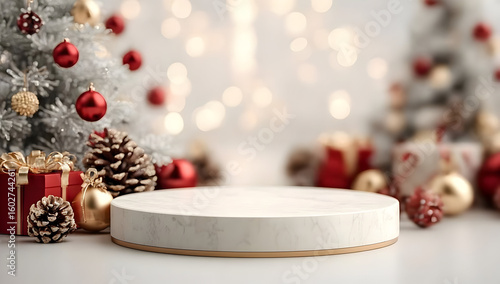 A serene holiday setup featuring a circular marble pedestal surrounded by decorated Christmas trees and festive gifts, perfect for seasonal displays.