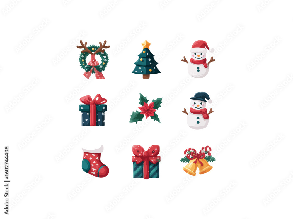 Fototapeta premium Christmas Icons Wreath Tree Snowman Gift Stocking Bells Holly holiday winter