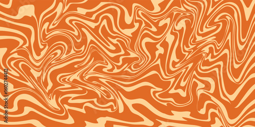 Retro caramel line background. Salted caramel liquid desert texture. Wavy swirl candy pattern for poster, cover, banner, pamphlet. Orange hippie wallpaper in