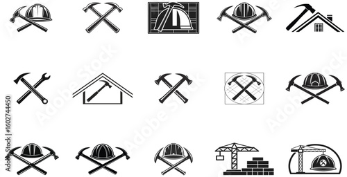Collection of construction and building industry icons and symbols