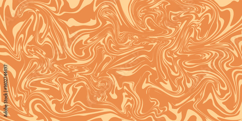 Retro caramel line background. Salted caramel liquid desert texture. Wavy swirl candy pattern for poster, cover, banner, pamphlet. Orange hippie wallpaper in