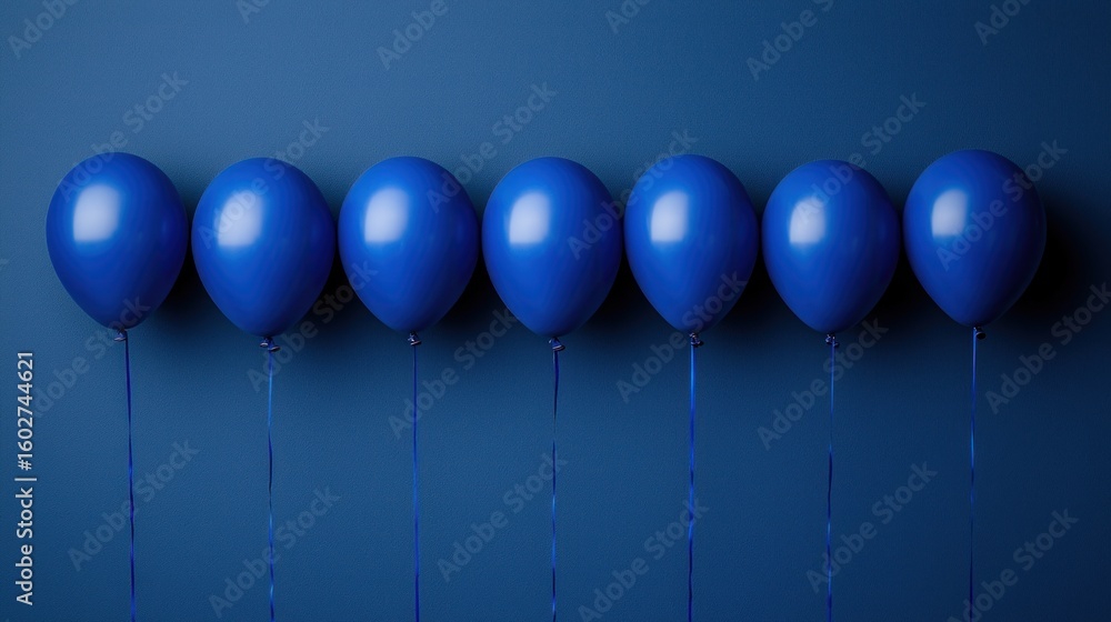 Seven blue balloons in a row on blue ground Seven blue balloons in a row on blue ground