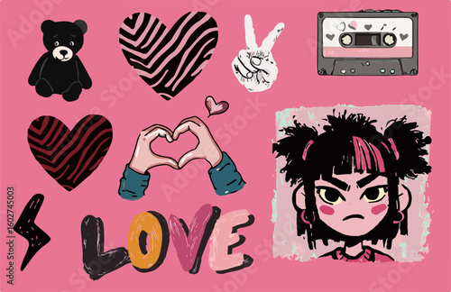 Colorful vector illustration in a doodle, punk-pop style. Featuring bold pinks, blacks, hand-drawn hearts, cassette, bear, expressive girl, and playful shapes, the theme is love and attitude.