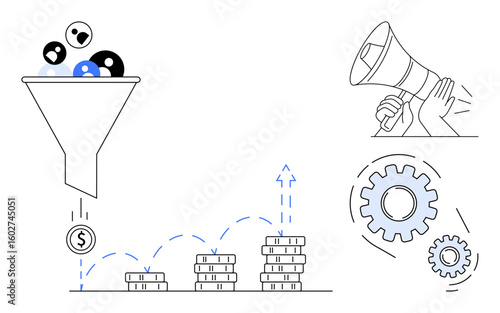 Funnel filtering leads into revenue as coins, megaphone amplifying outreach, and gears for optimization. Ideal for marketing, conversion, strategy, revenue, analytics, automation growth strategies