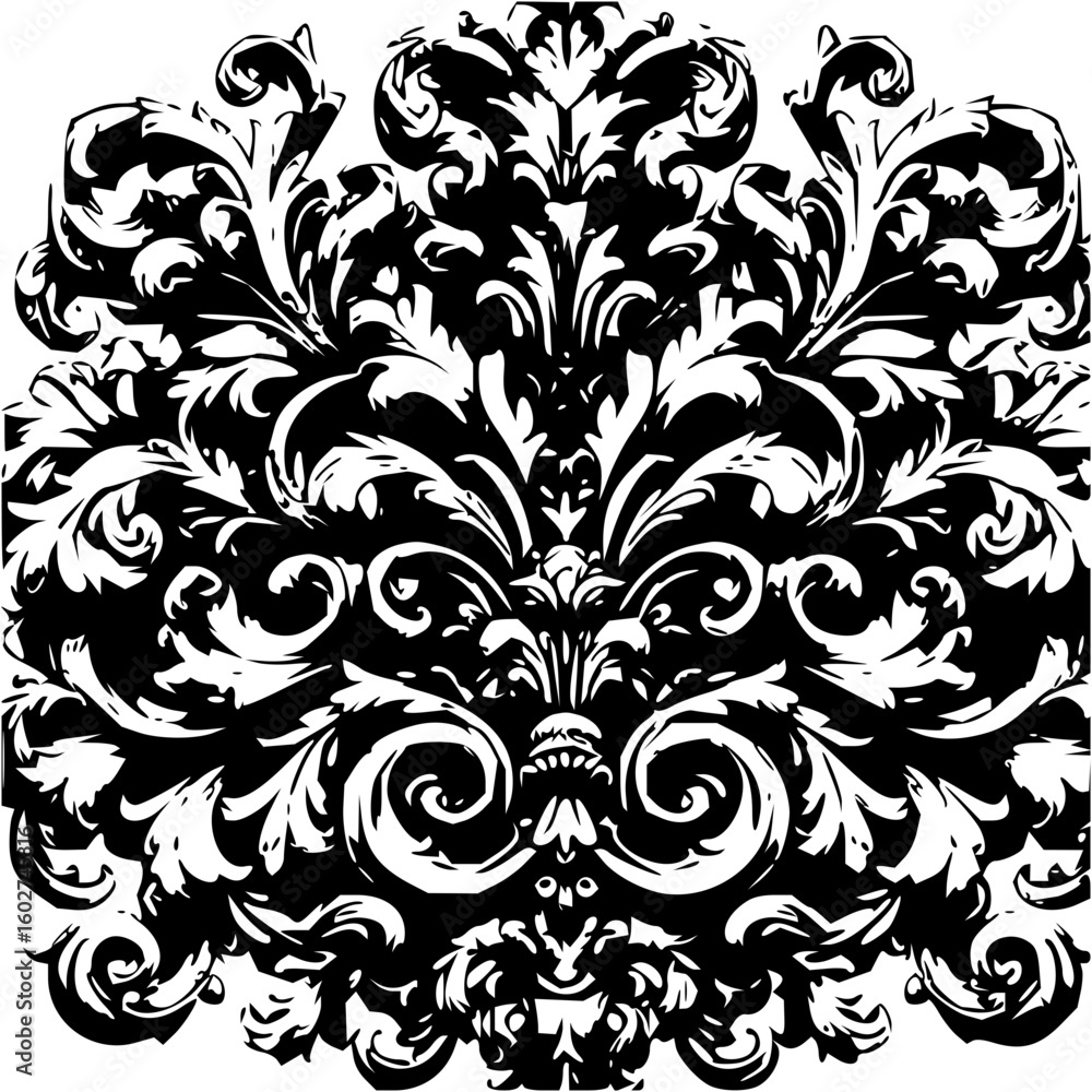 Obraz premium Detailed black and white floral ornament with symmetrical swirls and leaf patterns creating a dense design
