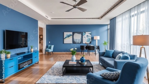 Modernes Wohnzimmer mit blauen Möbeln und Dekor, stilvoll eingerichtet mit eleganten Details und natürlichem Lichteinfall