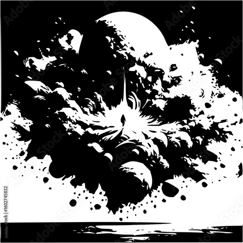 Abstract black and white rendering of a celestial body with a burst of energy and debris field