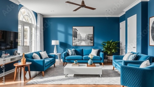 Modernes Wohnzimmer mit blauen Möbeln und Dekor, stilvoll eingerichtet mit eleganten Details und natürlichem Lichteinfall