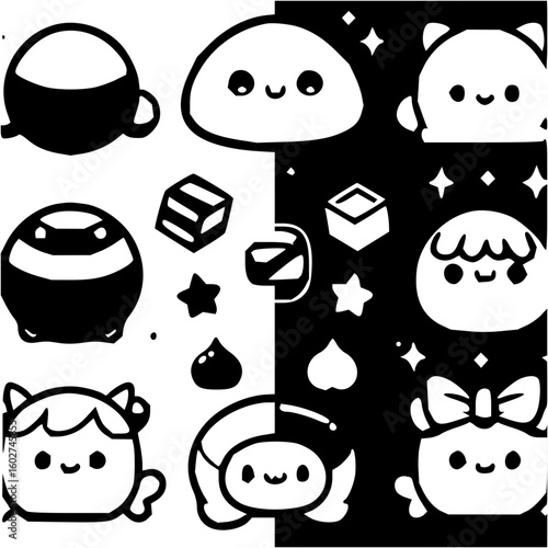 Illustration of various cute monochrome characters and shapes on a split background design