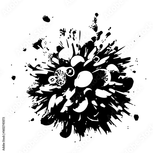 Abstract black and white floral explosion with splatters and circular elements in chaotic design