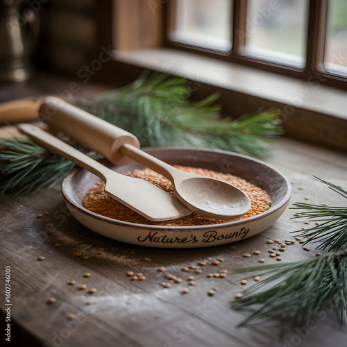 Wooden utensils and lentils on wooden table