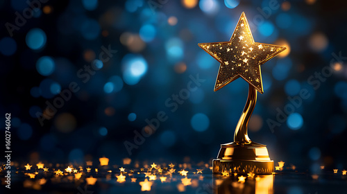 Luxurious gold first-place trophy with ascending star motif, designed for championship or excellence recognition, displayed on a dark navy background with clean empty space