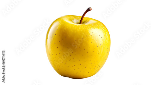 A single golden delicious apple with a brown stem on a black background in a studio shot
