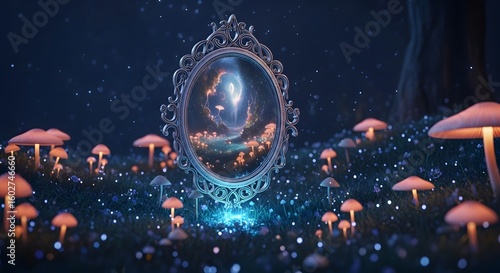 Enchanting Forest Mirror Reflecting a Magical Realm Surrounded by Glowing Mushrooms and Sparkling Stardust	