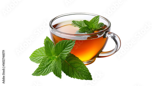 Clear cup of tea with fresh mint leaves on a black background in a close up studio shot view
