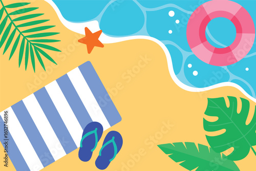 Beach scene with towel, flip-flops, starfish, and floatie, summer vibes. Vector